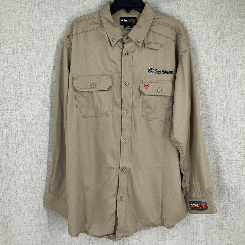 Ariat Work Shirt Men XL Khaki Cotton FR Flame‎ Resistant Button Up LOGO ON CHEST